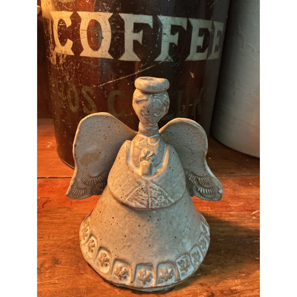 Vintage Speckled Stoneware Angel Bell Figurine Ceramic Folk Art Decor 5.5 Inch